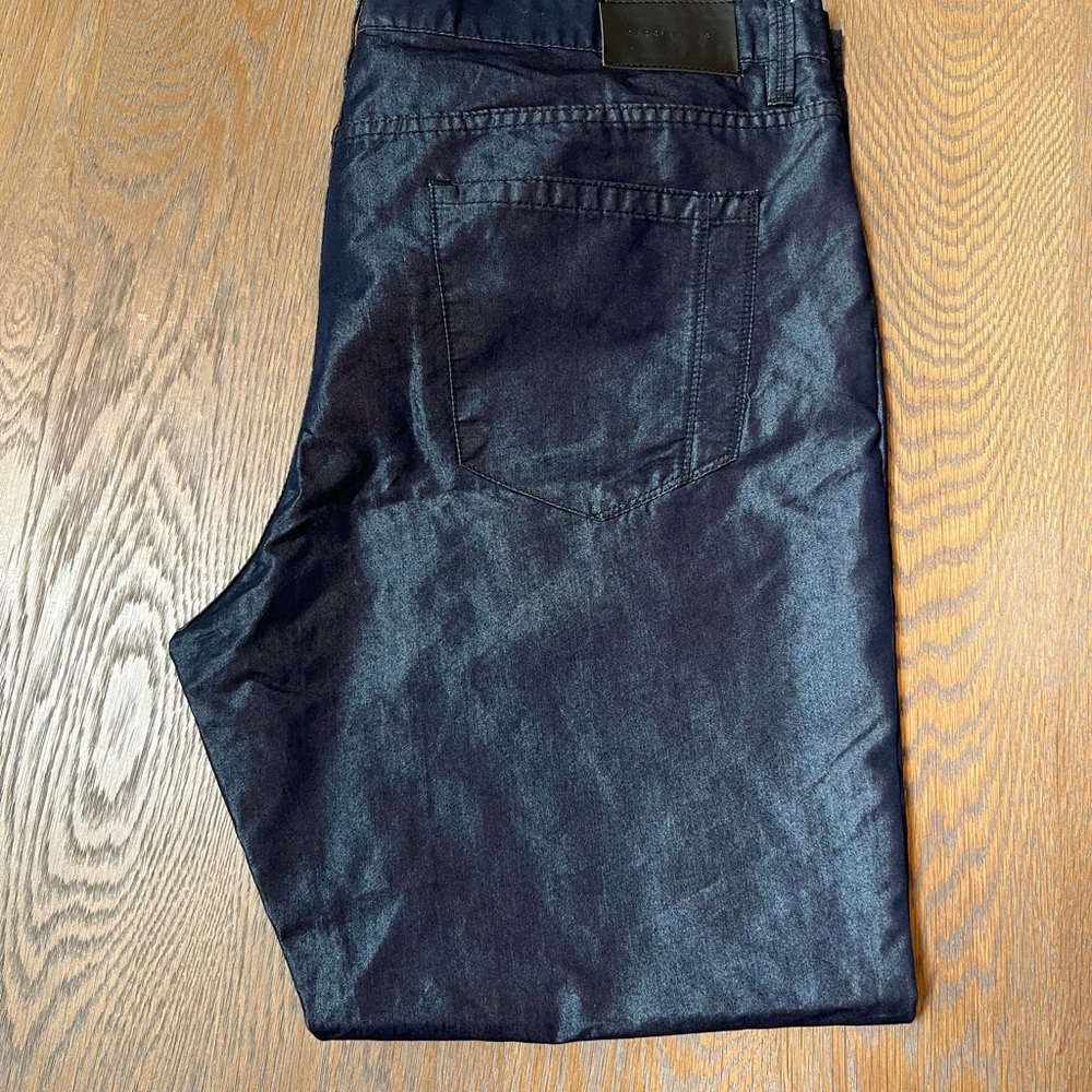 Perry Ellis Mens 38x30 Metallic Coated Navy Blue 5-Pocket Straight Leg Pants